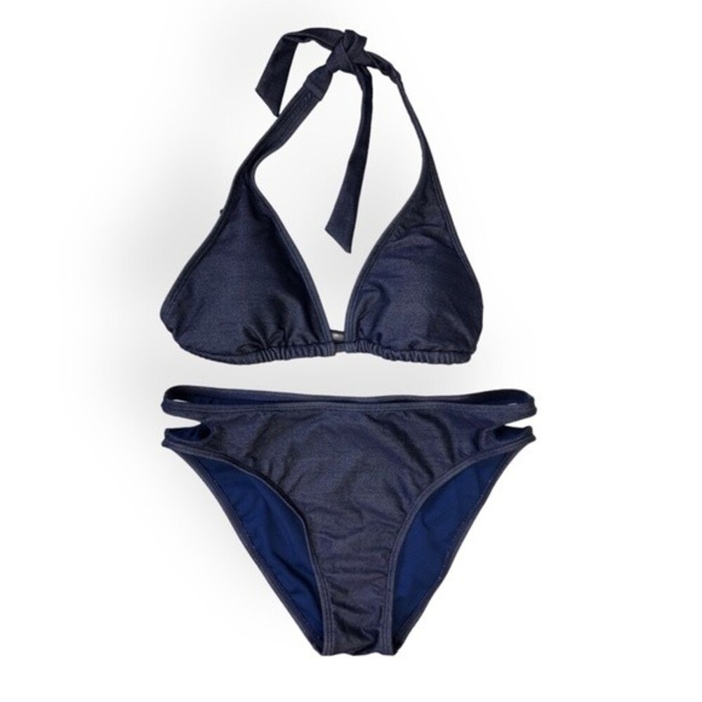 Sand Castle Dark Blue Denim Cutout Halter Neck Bikini Set